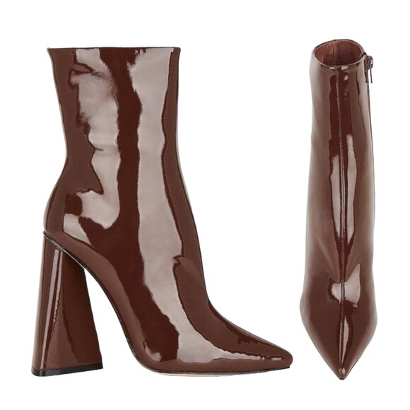 6.5 Raye Cleopatra Brown Patent Leather 4.5" Chunky Heel Pointed Toe Ankle Boot - Picture 1 of 12